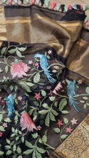 Black Floral Jungle Embroidery Organza Saree with Banarasi Border