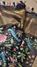 Black Floral Jungle Embroidery Organza Saree with Banarasi Border