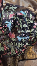 Black Floral Jungle Embroidery Organza Saree with Banarasi Border