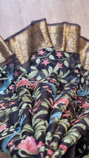 Black Floral Jungle Embroidery Organza Saree with Banarasi Border