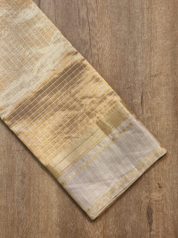 Pure Double Tissue Katan Silk Saree with Checks and Satin Border with Special Tassels