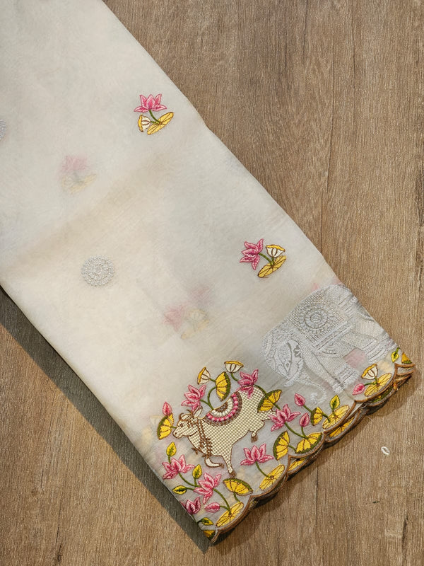 Half White Organza Pichwai Elephant Embroidery Cutwork Scallop Border Saree with Heavy Blouse