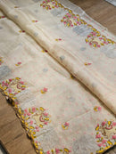 Half White Organza Pichwai Elephant Embroidery Cutwork Scallop Border Saree with Heavy Blouse