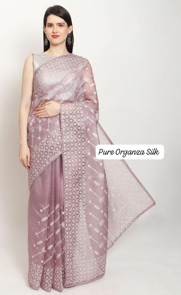 Lavender Organza Saree with Chikankari Embroidery with Crochet Lace