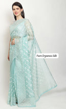 Pastel Blue Organza Saree with Chikankari Embroidery with Crochet Lace