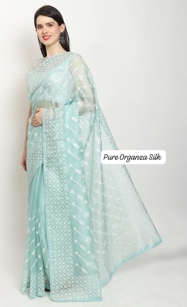 Pastel Blue Organza Saree with Chikankari Embroidery with Crochet Lace