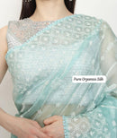Pastel Blue Organza Saree with Chikankari Embroidery with Crochet Lace