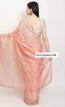 Peach Organza Saree with Chikankari Embroidery with Crochet Lace