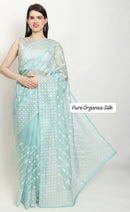 Pastel Blue Organza Saree with Chikankari Embroidery with Crochet Lace
