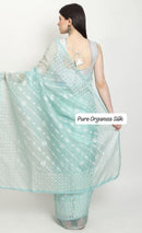 Pastel Blue Organza Saree with Chikankari Embroidery with Crochet Lace