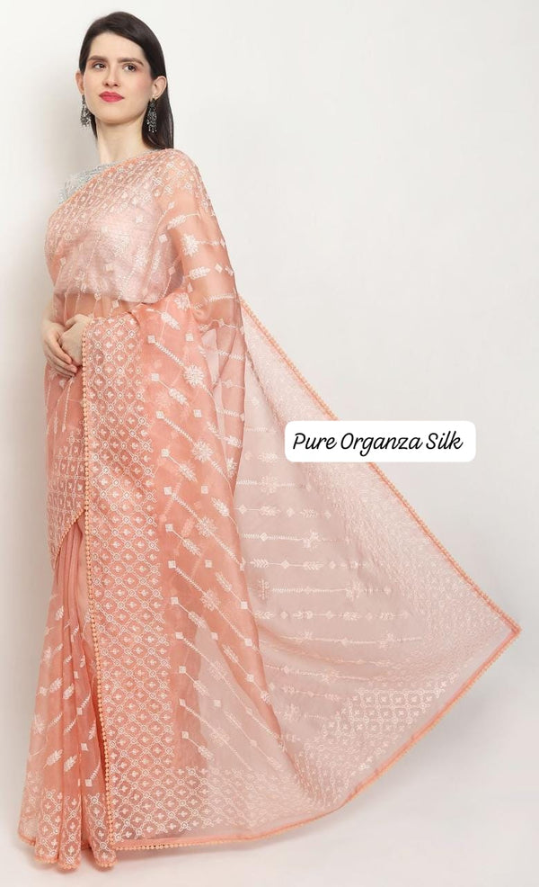 Peach Organza Saree with Chikankari Embroidery with Crochet Lace