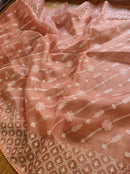Peach Organza Saree with Chikankari Embroidery with Crochet Lace