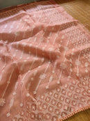 Peach Organza Saree with Chikankari Embroidery with Crochet Lace