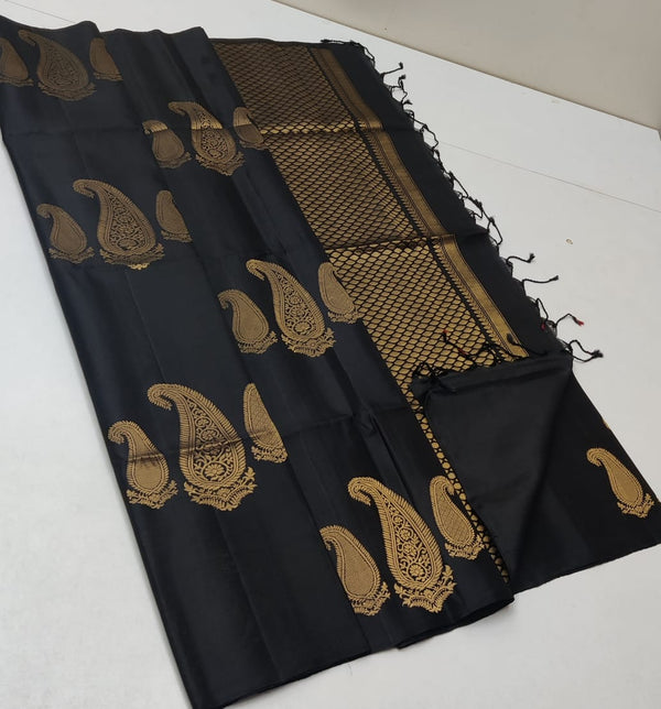 Black 240 Hooks Unique Mango Butta Handloom Kanchipuram Soft Silk Saree