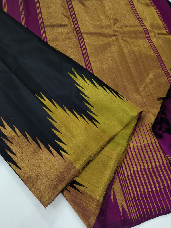 Black Majentha Korvai 8 Kol Weaving Temple Border Handloom Kanchipuram Silk Saree