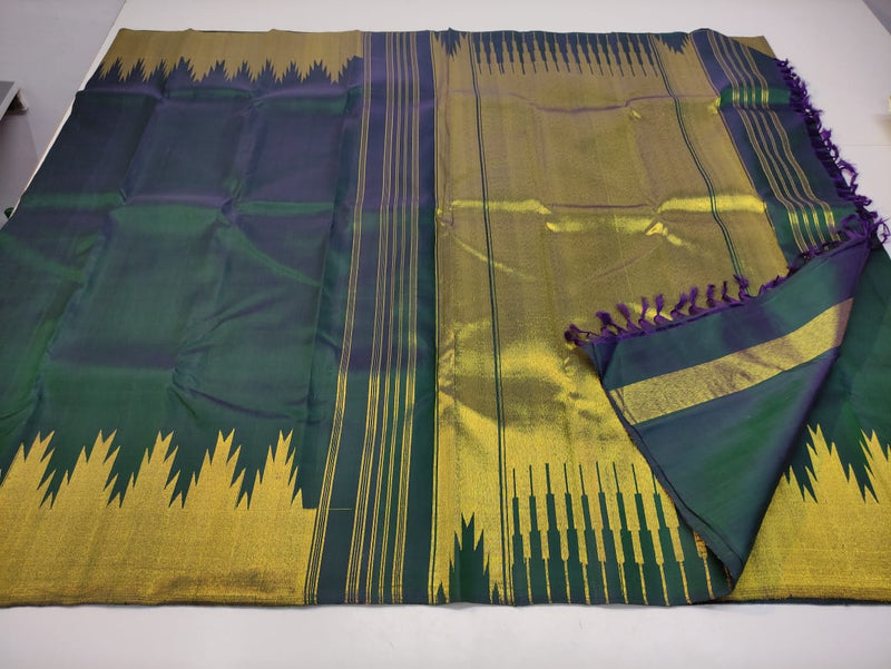 Dual Shade Green 8 Kol Temple Border Handloom Kanchipuram Silk Saree