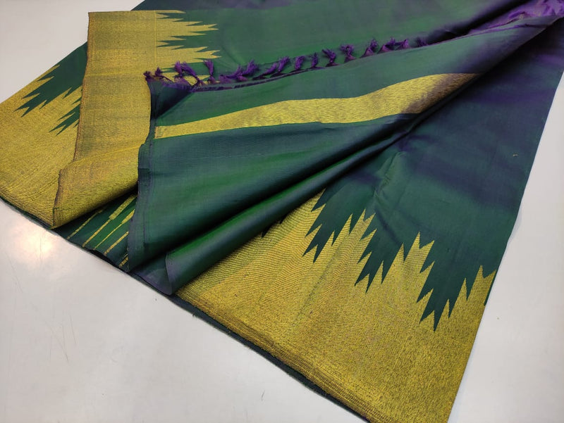 Dual Shade Green 8 Kol Temple Border Handloom Kanchipuram Silk Saree