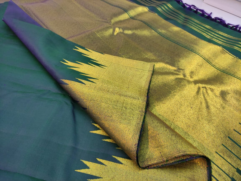 Dual Shade Green 8 Kol Temple Border Handloom Kanchipuram Silk Saree