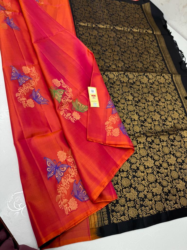 Borderless Red Orange Dual Shade Pure Handloom Kanchipuram Soft Silk Saree with Butterfly Design Meena Work