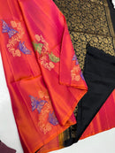 Borderless Red Orange Dual Shade Pure Handloom Kanchipuram Soft Silk Saree with Butterfly Design Meena Work