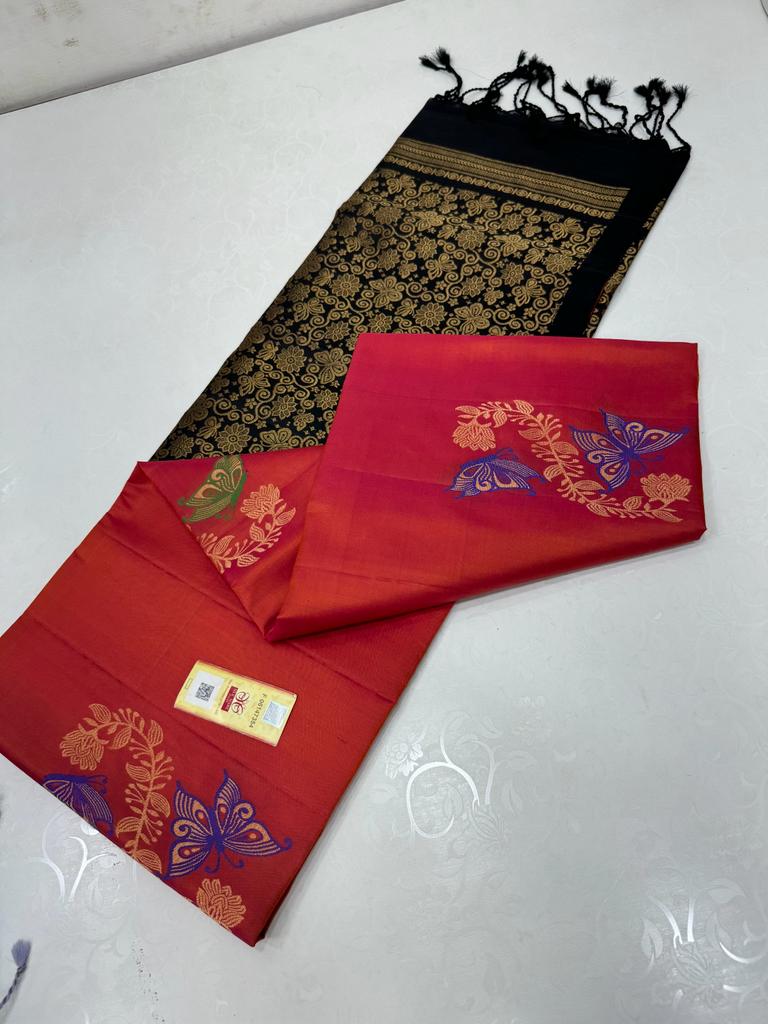 Borderless Red Orange Dual Shade Pure Handloom Kanchipuram Soft Silk Saree with Butterfly Design Meena Work