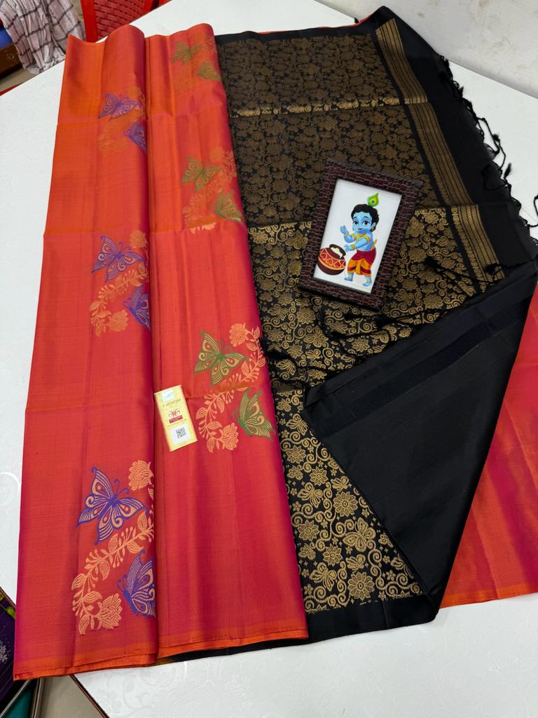 Borderless Red Orange Dual Shade Pure Handloom Kanchipuram Soft Silk Saree with Butterfly Design Meena Work