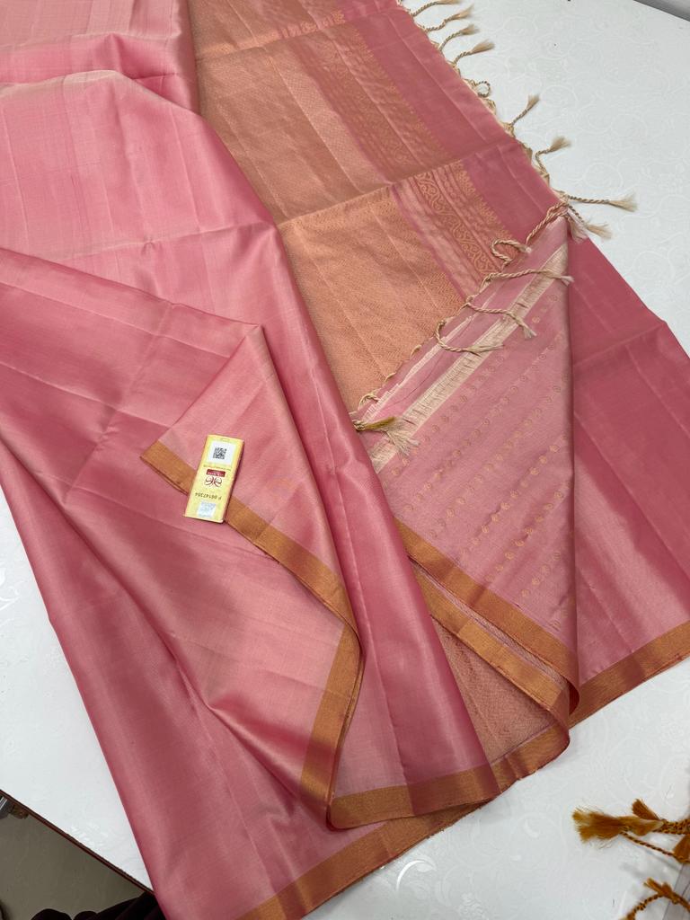 Baby Pink Plain Soft Silk Saree with Designer Pallu and Designer Blouse