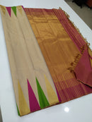 Half White Beige 8 Kol Korvai Temple Border Kanchipuram Silk Saree