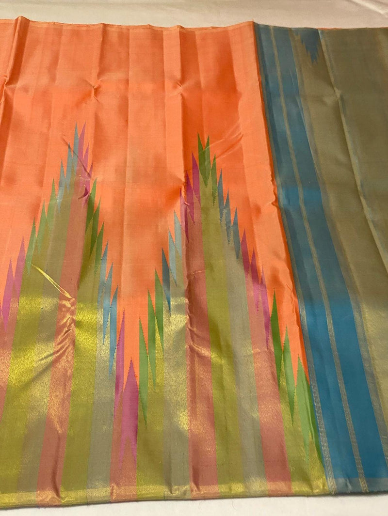 Pastel Orange 8 Kol Korvai Weaving Long Temple Border Kanchipuram Silk Saree