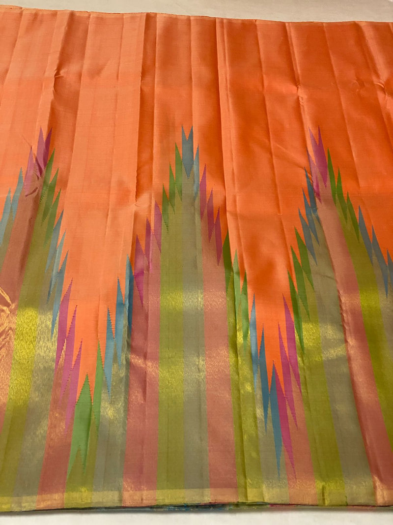 Pastel Orange 8 Kol Korvai Weaving Long Temple Border Kanchipuram Silk Saree