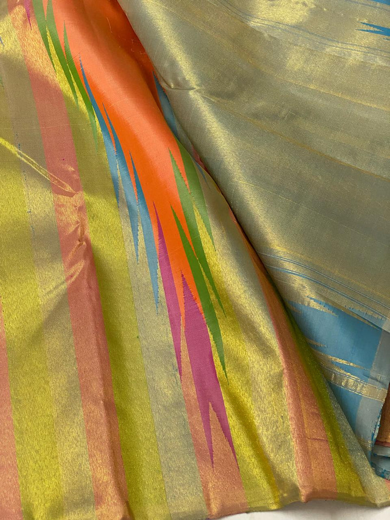 Pastel Orange 8 Kol Korvai Weaving Long Temple Border Kanchipuram Silk Saree