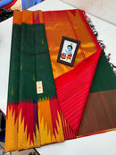 Bottle Green Korvai Multi Color Border 8 Kol Temple Border Kanchipuram Handloom Silk Saree