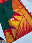 Bottle Green Korvai Multi Color Border 8 Kol Temple Border Kanchipuram Handloom Silk Saree