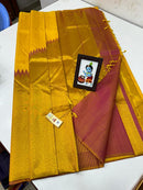 Yellow & Dual Shade Pink Korvai Raising Temple Border Kanchipuram Handloom Silk Saree