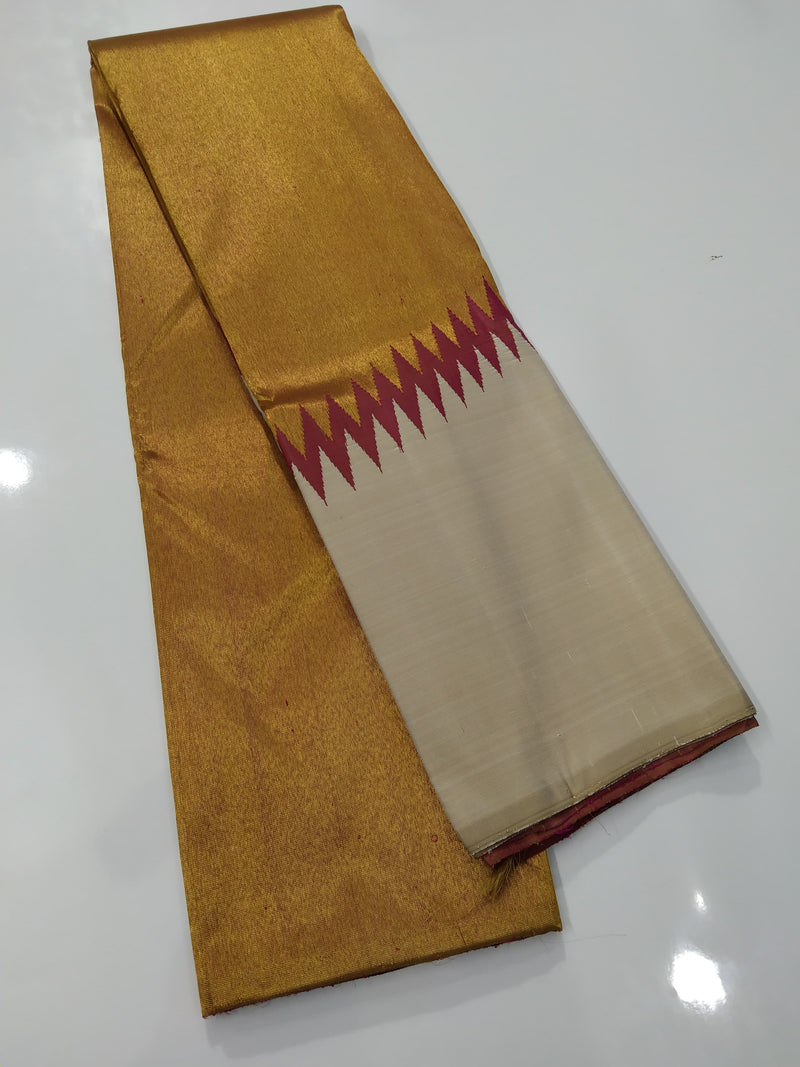 Half White Beige Pink Korvai Raising Temple Border Kanchipuram Silk Saree