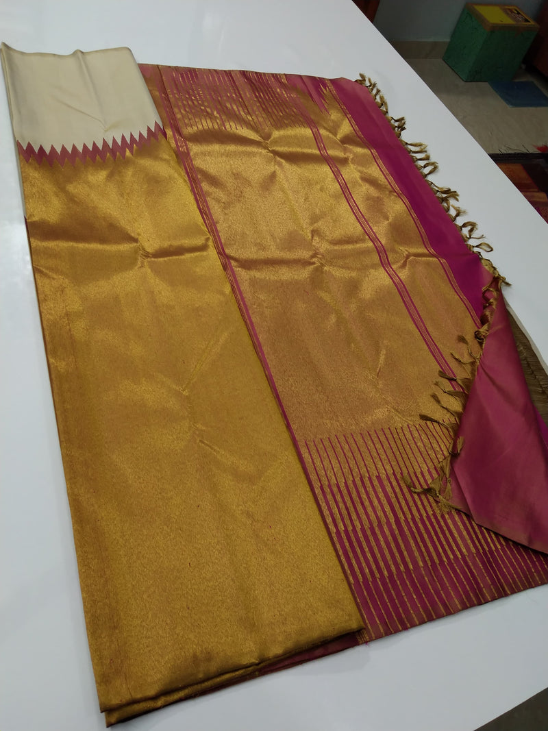 Half White Beige Pink Korvai Raising Temple Border Kanchipuram Silk Saree