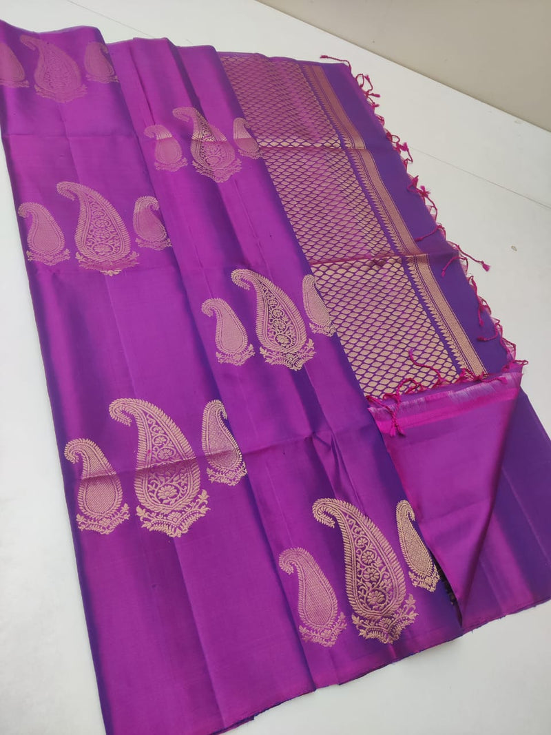 Dual Shade  Purple Pink 240 Hooks Unique Mango Butta Handloom Kanchipuram Soft Silk Saree