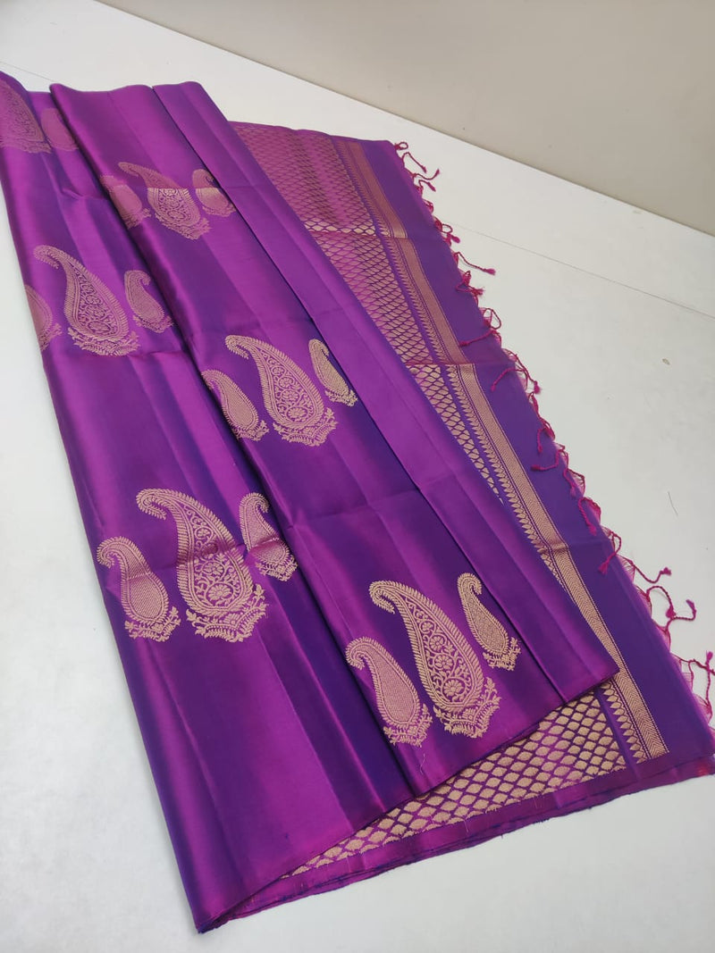 Dual Shade  Purple Pink 240 Hooks Unique Mango Butta Handloom Kanchipuram Soft Silk Saree