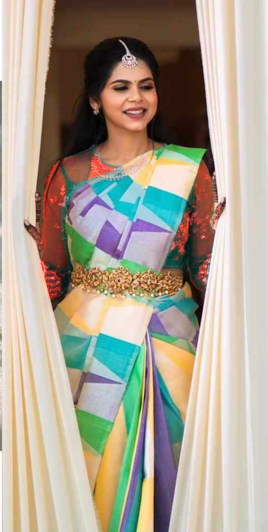 Multi Colour 8 Kol Korvai Temple Design Handloom Kanchipuram Silk Saree