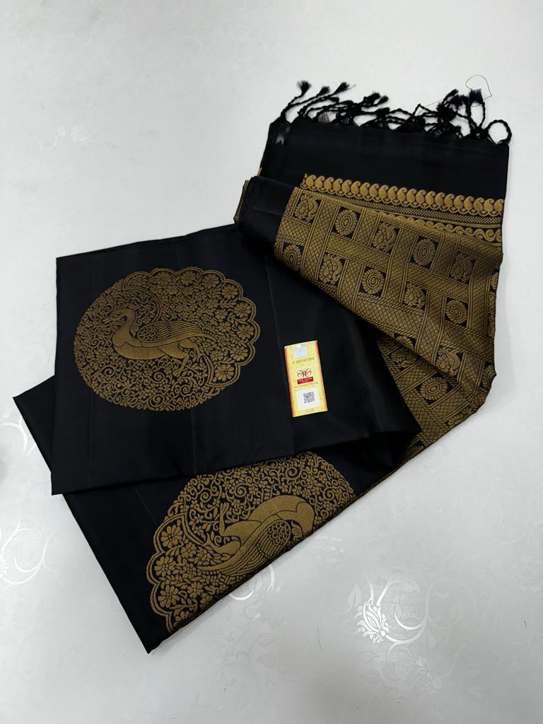 Borderless Black Soft Silk Saree with Unique Peacock Butta