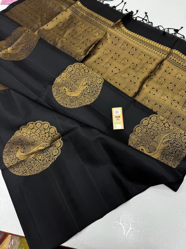 Borderless Black Soft Silk Saree with Unique Peacock Butta