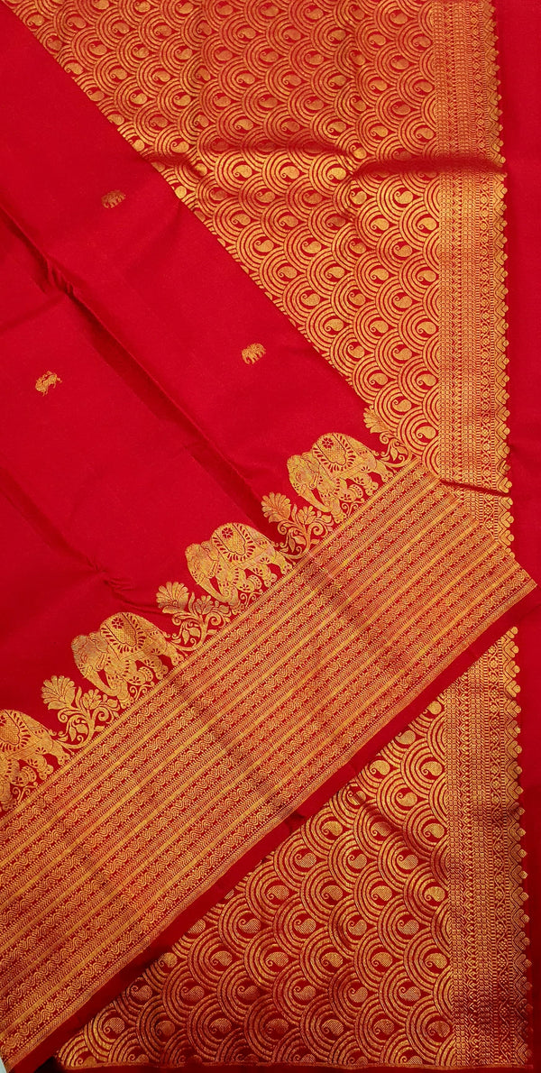 Red Handloom Kanchipuram Silk Saree with Unique Elephant Turning Border