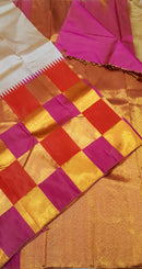 Half White Beige 8 Kol Korvai Handloom Multi Color Temple Border Kanchipuram Silk Saree