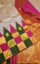 Half White Beige 8 Kol Korvai Handloom Multi Color Temple Border Kanchipuram Silk Saree