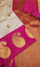 Half White Beige 8 Kol Korvai Handloom Kanchipuram Silk Saree with Big Mango Butta on Border