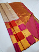 Half White Beige 8 Kol Korvai Handloom Multi Color Temple Border Kanchipuram Silk Saree