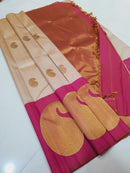 Half White Beige 8 Kol Korvai Handloom Kanchipuram Silk Saree with Big Mango Butta on Border