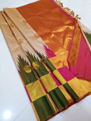 Half White Beige 8 Kol Korvai Handloom Multi Color Temple Border Kanchipuram Silk Saree