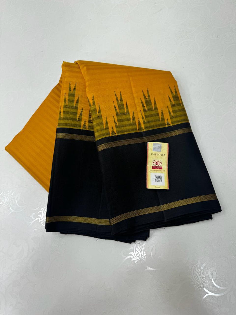 Mustard Yellow With Black  Korvai Temple Border Kanchipuram Silk Saree