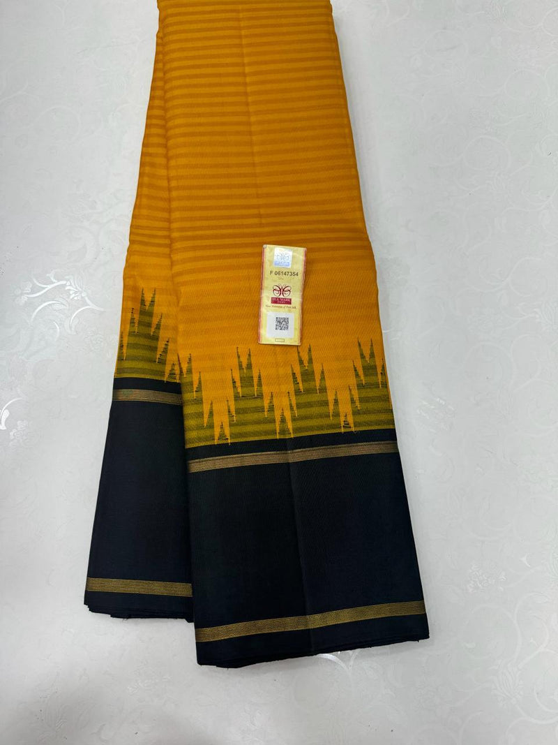 Mustard Yellow With Black  Korvai Temple Border Kanchipuram Silk Saree